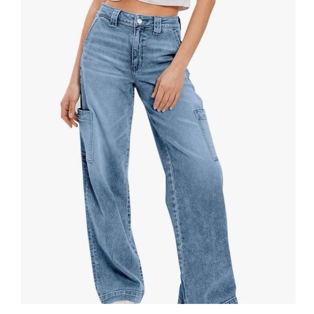 High Waisted Light Wash Cargo Jeans Wide Leg Utility Streetwear Y2K Size 6